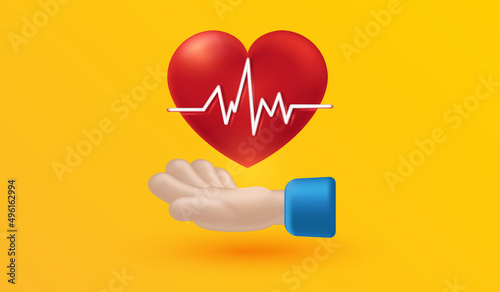 People hand gives a red heart icon or blood donation symbol. Hand holding healthy heart concept 3d vector illustration style