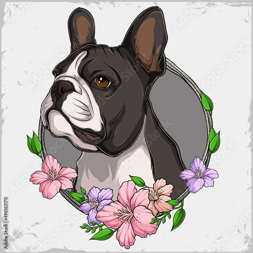 Funny black French Bulldog dog head looking to the top in a colorful floral wreath