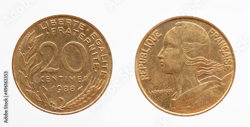france - circa 1988: a 20 centimes coin of france showing a portrait of the female national figure Marianne she represents liberty, equality and fraternity