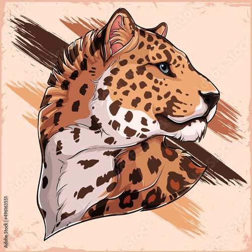 Illustration of Persian leopard head with blue eyes looking to his side isolated on vintage background