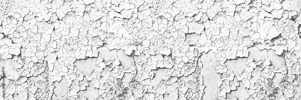 White weathered concrete wall wide panoramic texture. Old cracked peeling paint light surface banner backdrop. Abstract grunge vintage whitewashed background