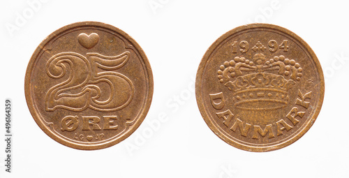 Denmark - circa 1994: a 25 ore coin of denmark showing the crown of Queen Margrethe II and the 50 with a heart