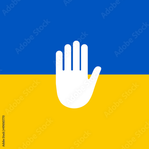 Pray for Ukraine. Stop the war. White hand on the background of the Ukrainian flag