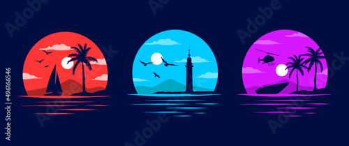 Yachts, Lighthouse, Beach and Sea Shore. Miami California Hawaii design. Old school tattoo vector art. Red Sunsets with sillhouettes | Vector Graphics for apparel t-shirt