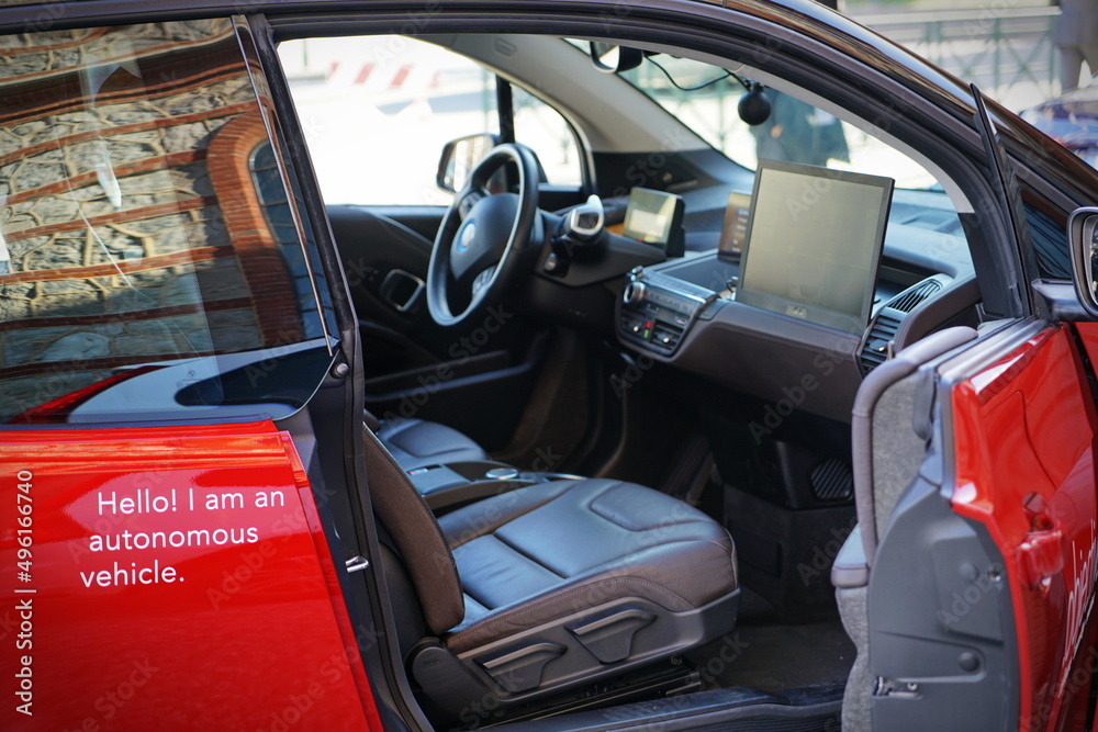 Empty cockpit in vehicle and Self-Driving mode car screen