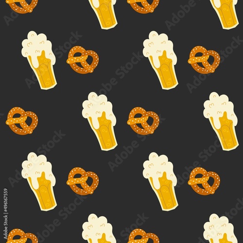 Beer with pretzels seamless pattern. Cute hand drawn vector illustration. Oktoberfest festival texture. Fun background for packaging, wrapping paper, fabric, textile, wallpaper, card, menu cafe.