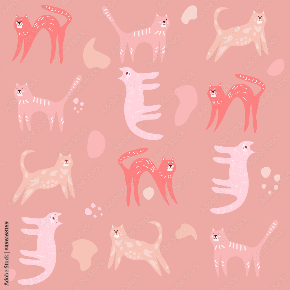 Funny cats in pastel pink shades. Children's rink. Seamless vector pattern for printing on textiles, gift paper, wallpaper,  postcards