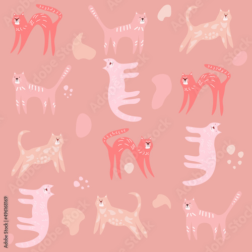 Funny cats in pastel pink shades. Children's rink. Seamless vector pattern for printing on textiles, gift paper, wallpaper, postcards