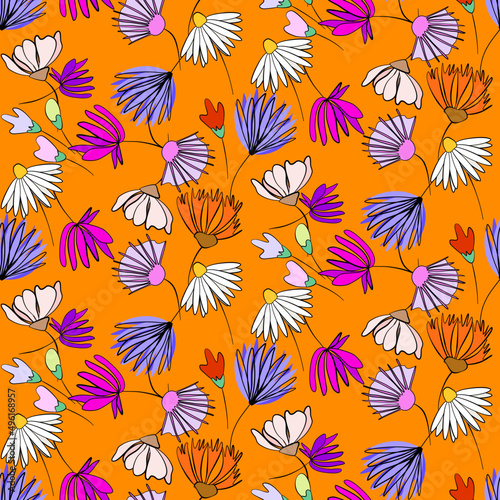Vector seamless half-drop pattern  with  flowers