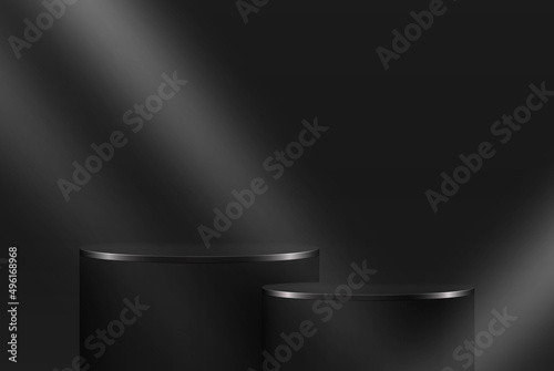 Stage for awards ceremony. Black podium. Pedestal. Scene. Spotlight. Vector illustration.