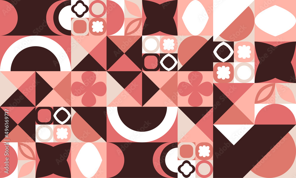Geometric contrast background in shades of pink and brown. Triangle, square, semicircle and other shapes.