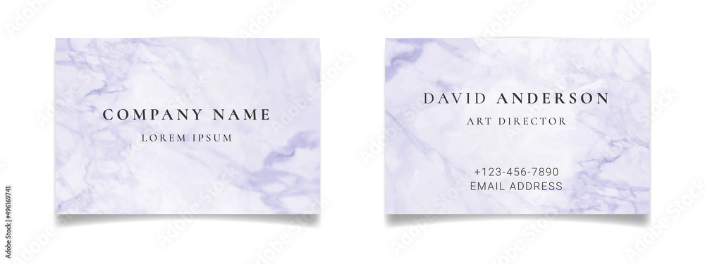 Luxury business card with purple watercolor marble background. Pastel violet marbles alcohol ink drawing effect. Vector illustration design template for corporate style, voucher or coupon