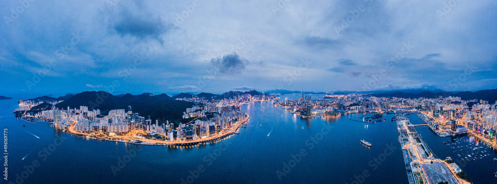 Amazing Aerial view of Victoria Harbour, focus on the East side of Hong Kong