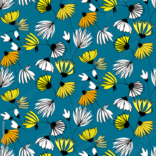 Vector seamless half-drop pattern, with  flowers