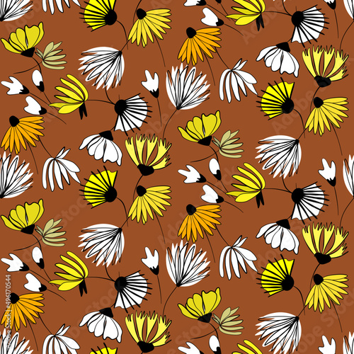 Vector seamless half-drop pattern, with flowers