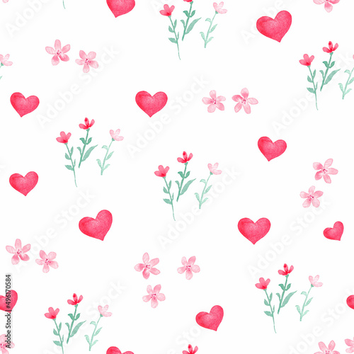 Seamless pattern with hearts
and flowers on white background,
 watercolor hand drawing
 illustration