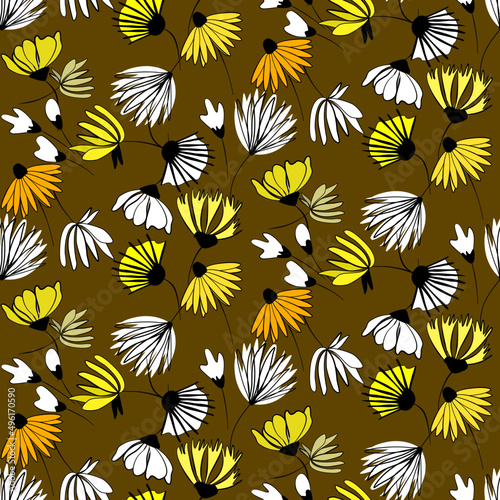 Vector seamless half-drop pattern, with  flowers