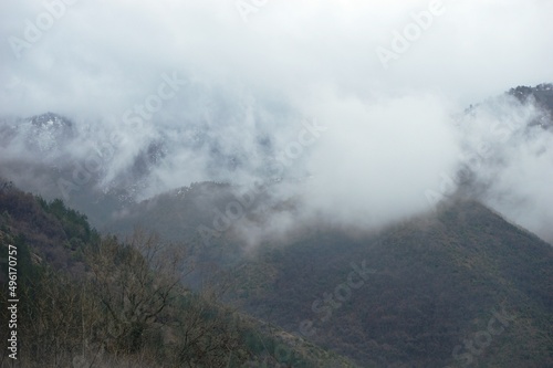 landscape of hills in the morning mist