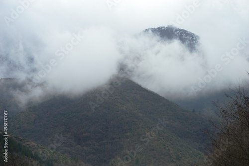 landscape of hills in the morning mist