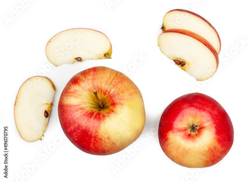 Red apples and slices isolated on a white background, top view