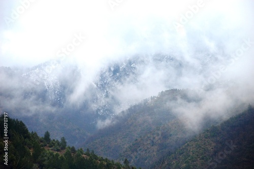 landscape of hills in the morning mist