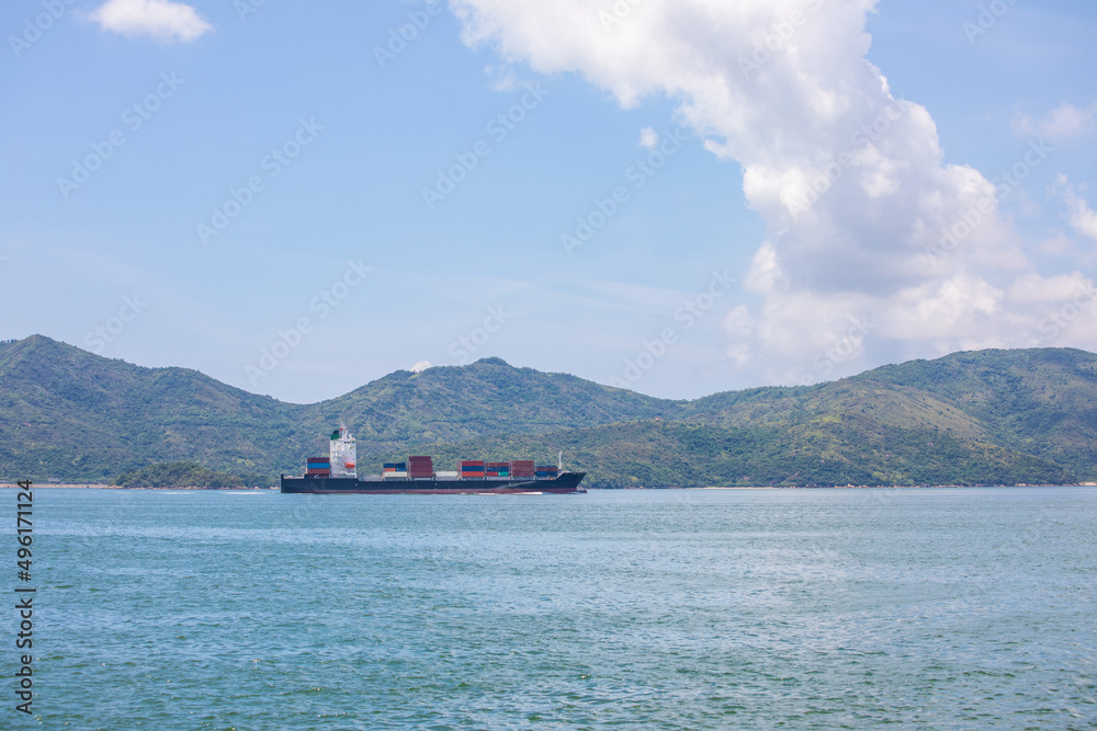 Cargo ship in ocean, Hong Kong, outdoor