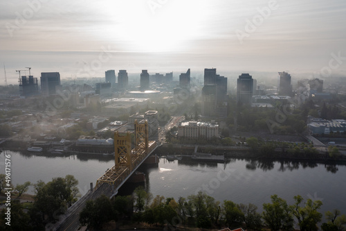 Aerial views of downtown Sacramento and Old Sacramento and Tower Bridge.
