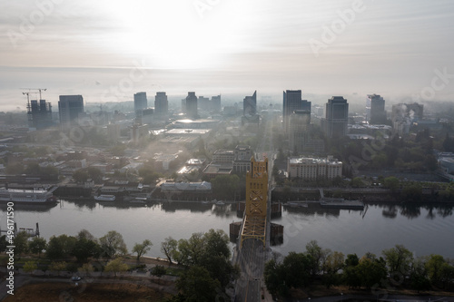 Aerial views of downtown Sacramento and Old Sacramento and Tower Bridge.
