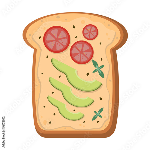 Sandwich with fried tomato, avocado and basil on white background. Vector image.