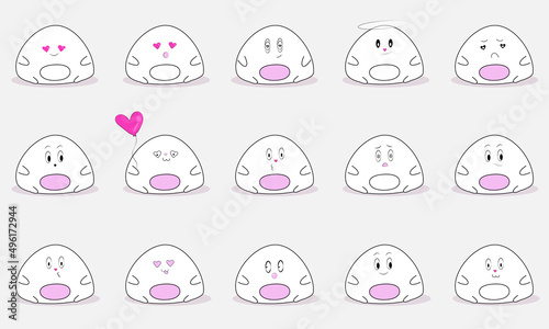 Funny Japanese dessert mochi. A set of cute stickers with emotions on a cartoon mochi. Vector illustration.
