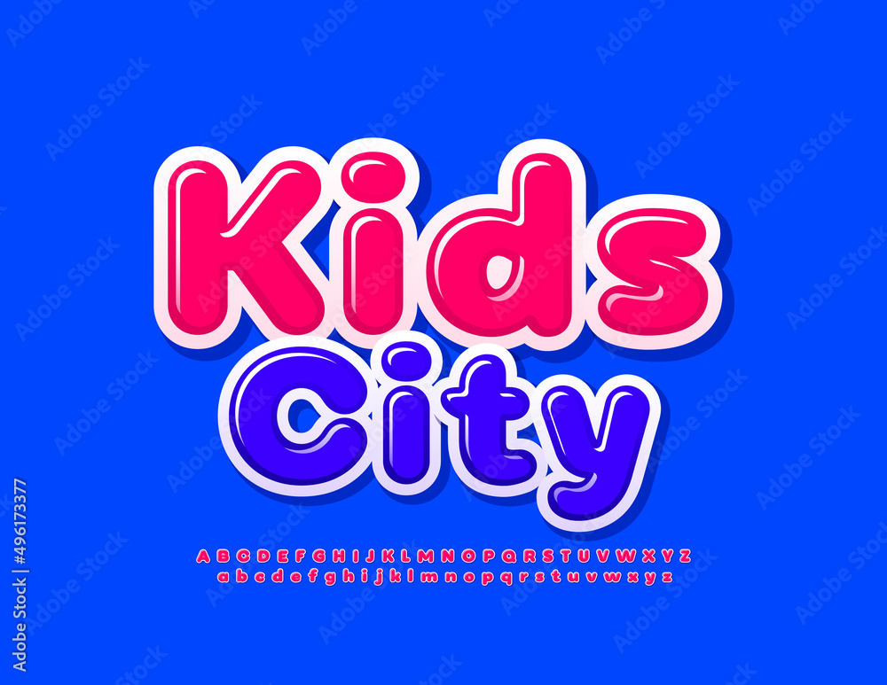 Vector colorful Poster Kids City. cute Pink Font. Creaticve Alphabet Letters and Numbers set