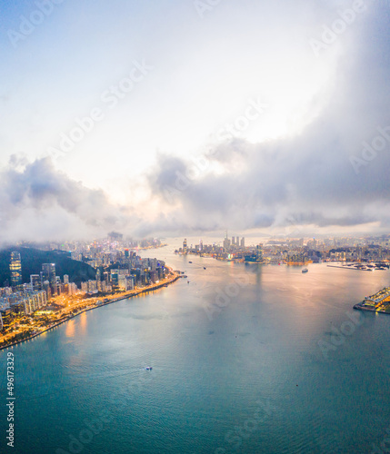Epic Aerial view of Victoria Harbour  focus on the East side of Hong Kong Island