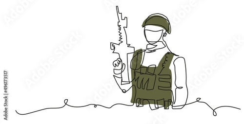 Soldier with weapon in helmet and khaki military form of armed force. Vector illustration. One continuous line art drawing background, banner, poster of soldier