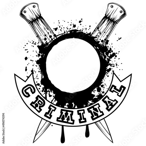 Vector illustration two crossed daggers and grunge frame. Inscription criminal. For tattoo or t-shirt design.