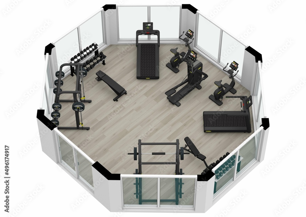 3d interior rendering plan view of furnished gym. Floor plan. 3d interior rendering. 3d interior rendering plan view of furnished gym. Floor plan. 3d interior rendering.