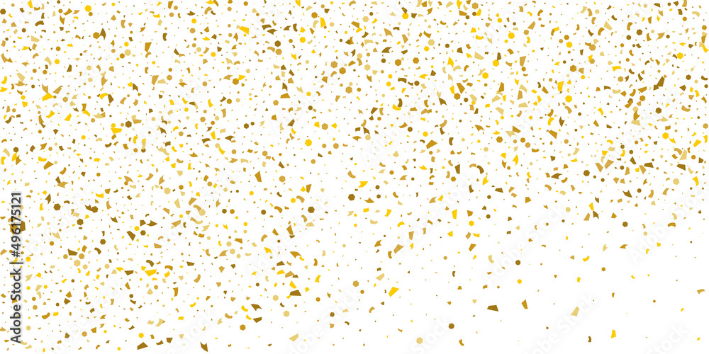 Golden glitter confetti on a white background. Illustration of a drop of shiny particles. Decorative element. Luxury background for your design, cards, invitations, gift, vip.