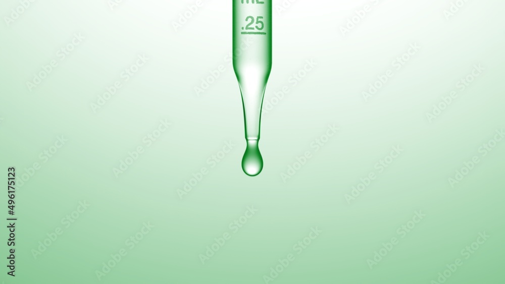 graduated lab dropper with a drop dripping from it on green background | Abstract skincare serum ingredients formulating concept graduated lab dropper with a drop dripping from it on green background | Abstract skincare serum ingredients formulating concept