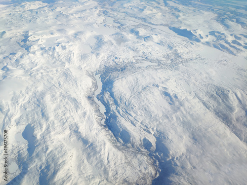 Aerial view of nature white snow covered the land of Norway in winter, Snowscape wallpaper