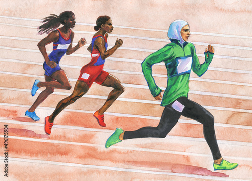 Watercolor running athletic women. Painting arabian, african sportwomen at the stadium. Hand drawn sport illustration.