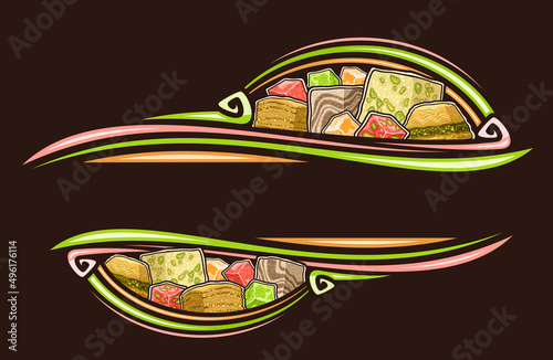 Vector border for Turkish Sweets with copyspace for text, decorative sign board with illustration of pile traditional turkish baklava, homemade lokum slice, sweet lebanese halva for eastern patisserie