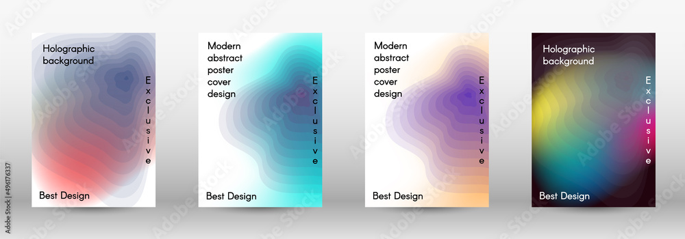 Set for liquid. Holographic abstract backgrounds. Bright mesh blurred pattern in pink, blue, green tones. Fashionable advertising vector in retro for book, annual, mobile interface, web application.
