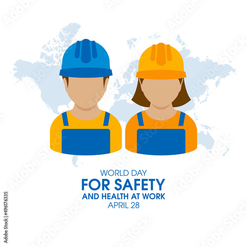 World Day for Safety and Health at Work vector. Man and woman craftsman with protective helmet icon vector. Male and female avatar worker with safety helmet vector. Important day