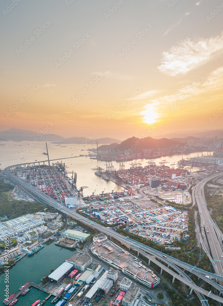 aerial view of Cargo Terminal, Shipyard and Logistic center in Kwai Tsing District, Hong Kong