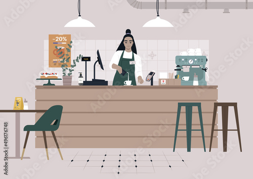 A young female Asian character serving coffee at the coffeeshop counter, morning rituals and modern lifestyle