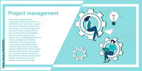 Project management.People are engaged in the design and support of business projects.An illustration in the style of a green landing page.