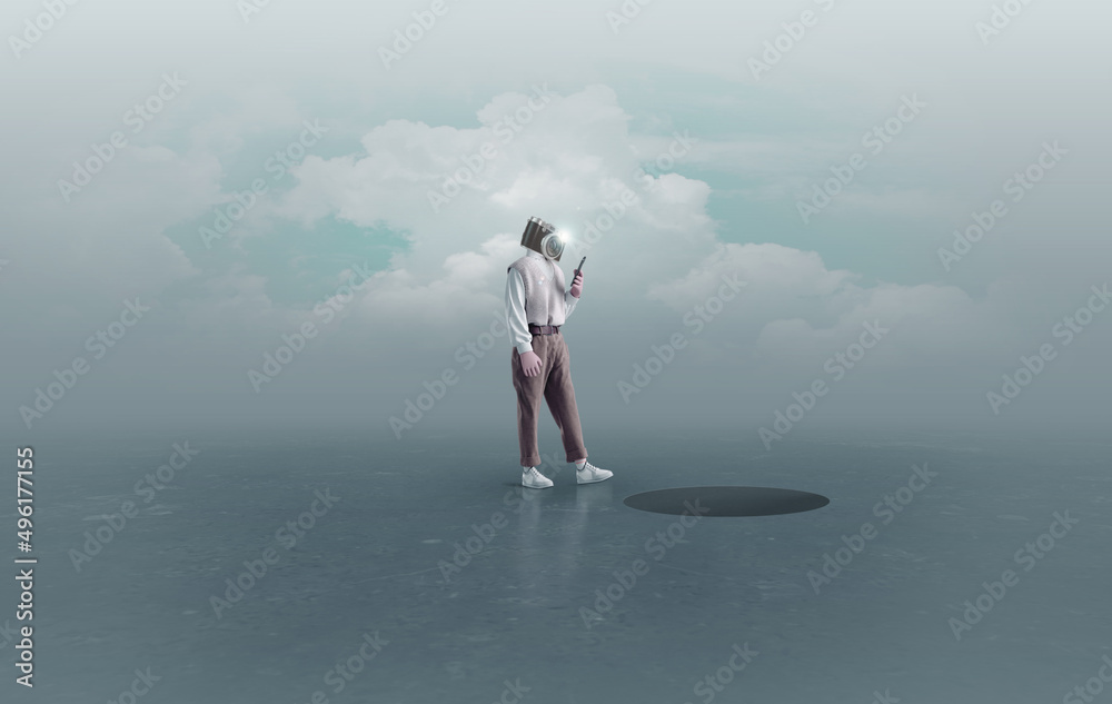 surreal concept man with camera over his head surreal concept man with camera over his head