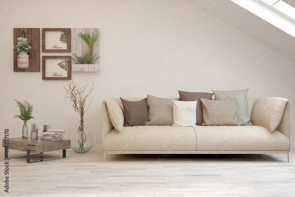Fototapeta premium White living room with sofa. Scandinavian interior design. 3D illustration