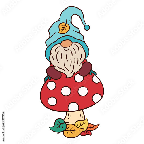 Cute gnome sitting on a toadstool. Fall leaves. Autumn clipart. Cartoon character gnome Scandinavian elf tomte. Child baby style colorful vector illustration. Little gnome print graphic design.
