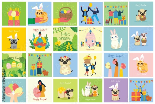 Happy Easter, Cheerful People Celebrating Holiday Set, Men, Women and Kids with Decorated Easter Eggs Cartoon Style