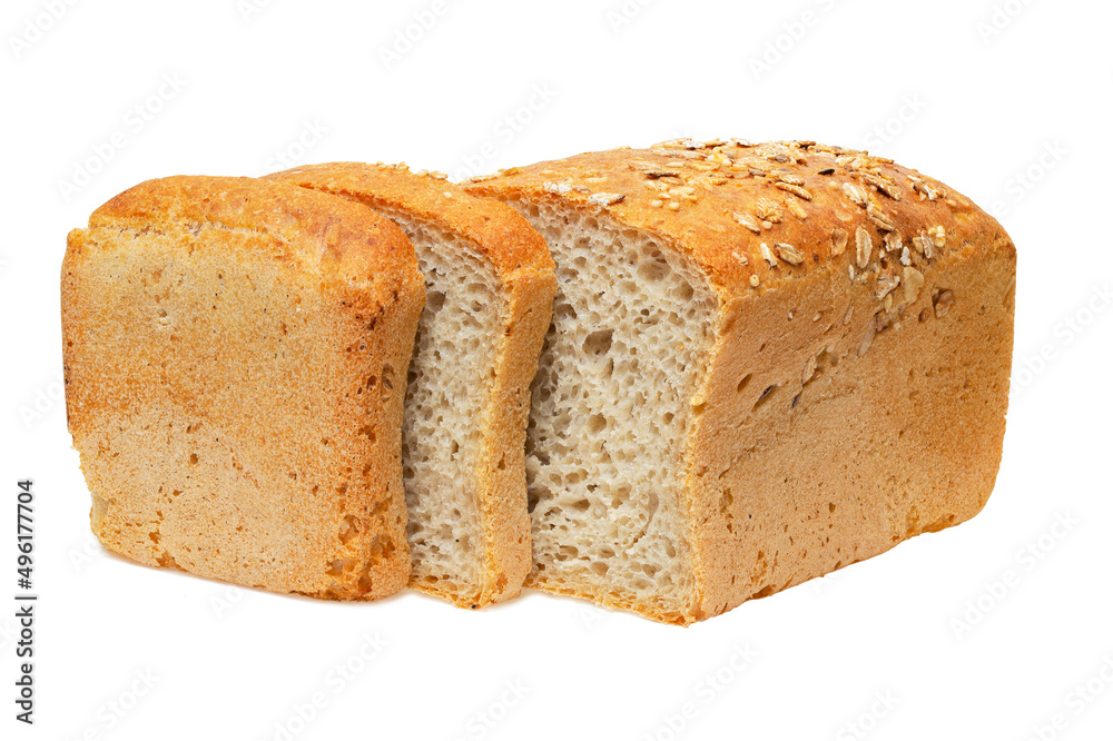 Bread loaf square shape and sliced slices isolated on a white background, full focus, clipping path, no shadows. Bread loaf square shape and sliced slices isolated on a white background, full focus, clipping path, no shadows.